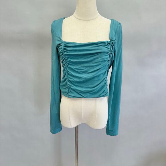 Wilfred Lydia teal crop top square neck ruched front long sleeve Size Large - Picture 1 of 10
